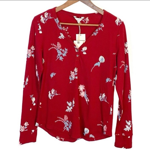 Lucky Brand Burgundy Red Floral V-Neck Waffle Knit Top NWT - Picture 5 of 13